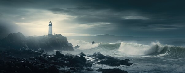 lighthouse seascape in mystic fog at night - obrazy, fototapety, plakaty