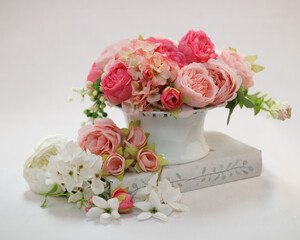 wedding bouquet of pink peonies on white