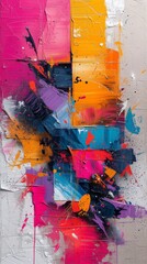Abstract painting with vibrant splashes of pink, orange, yellow, blue, magenta color.