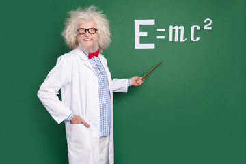 Photo of crazy professor university lecture show pointer board equation formula isolated on green...