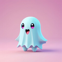 3D render illustration of  small cute adorable friendly Ghost. Happy Halloween banner or party invitation. 3D illustration