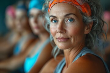 Close up portrait of senior woman wears sportswear doing exercises on a group training in the gym