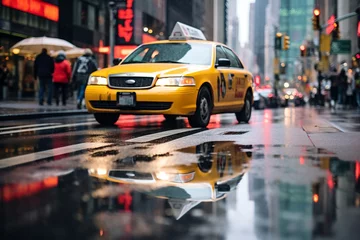 Cercles muraux TAXI de new york realistics rain's transformative power on city streets, with its wet pavement and reflective surfaces mirroring urban environment, creates a captivating visual contrast that leaves one in awe