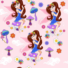 Cute card with beautiful cartoon fairy and mushrooms on a pink background seamless pattern. Vector illustration for children