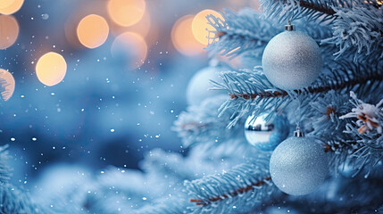 Fototapeta na wymiar Christmas Tree With Ornaments In Blue And Bokeh Lights