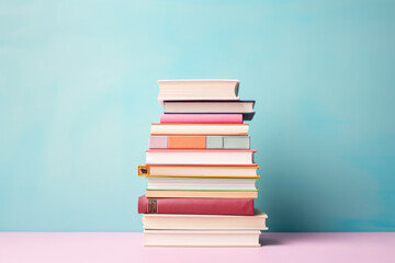 Colorful books and notebooks in front on light green background, back to school. Generative ai