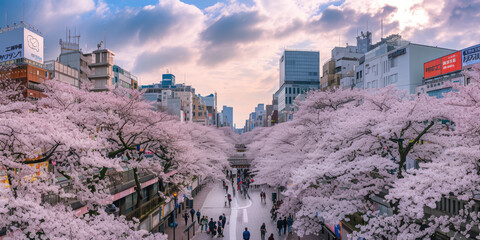 Panoramic view of the Nakameguro Cherry Blossom Festival in Tokyo, Japan