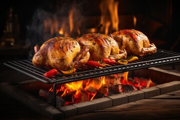 Tempting grilled chicken sizzling with a crispy golden crust over fiery red coals - obrazy, fototapety, plakaty