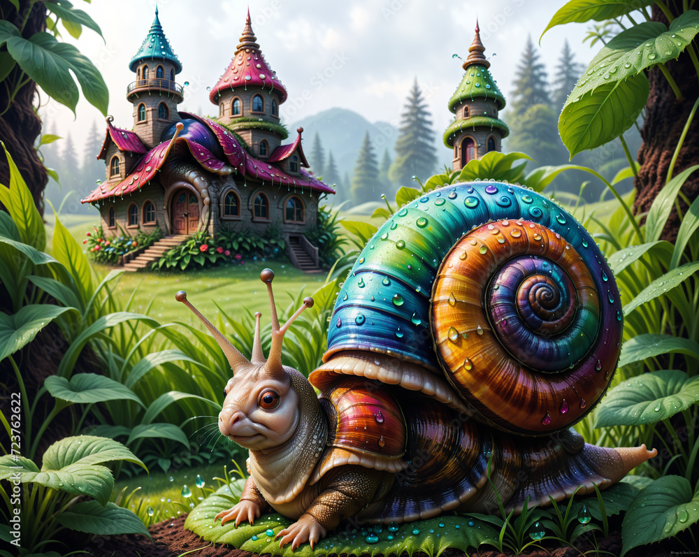Poster an important snail with a multi-colored shell against the background of a magic house. generated ai