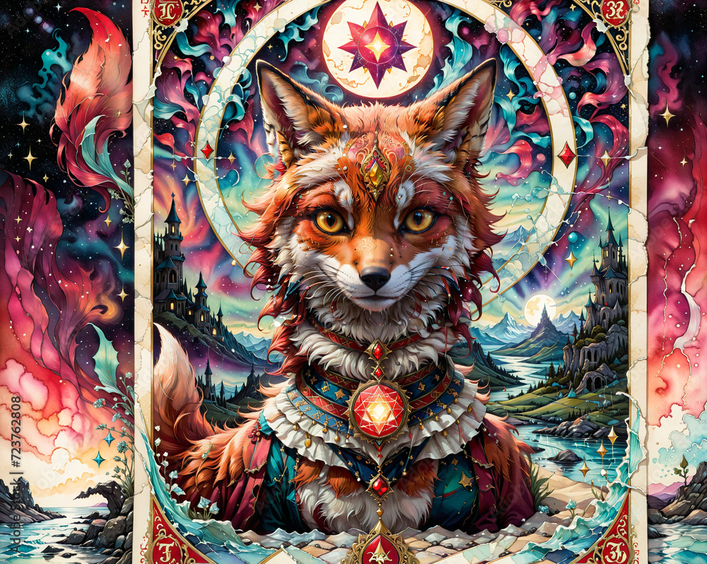 Poster tarot card with fox and crystal patterns around . generated ai