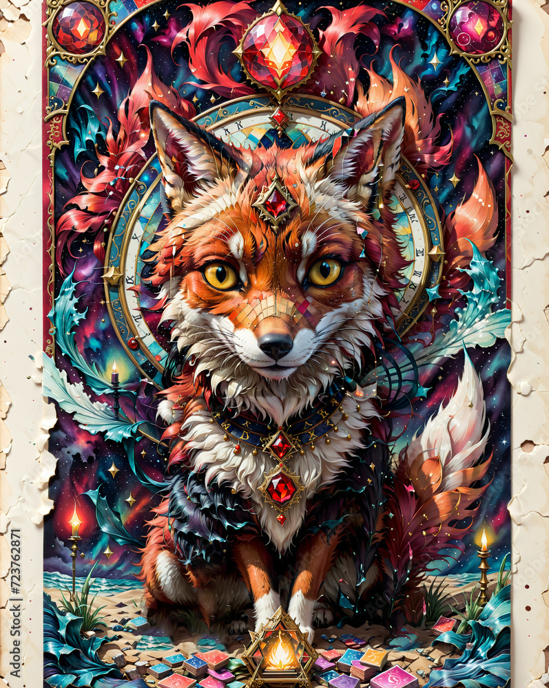 Poster tarot card with fox and crystal patterns around . generated ai