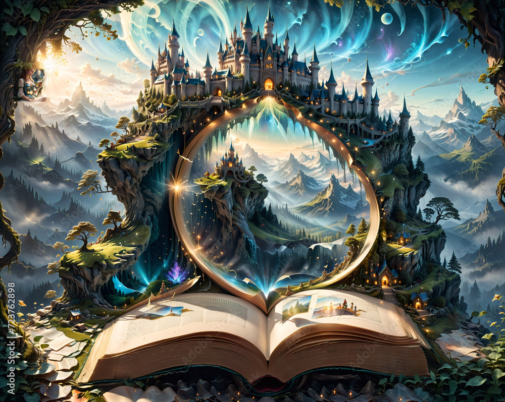 Poster an open book in the foreground, against the backdrop of unexplored magical worlds, castles and plane
