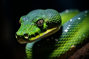 Fototapeta premium Detailed close-up of a vibrant green snake showcasing its unique scales and mesmerizing gaze