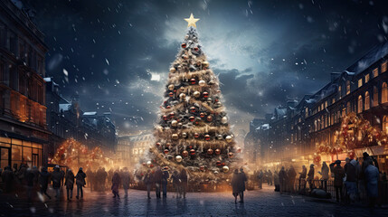 Christmas tree in a town scene with many people in the street - obrazy, fototapety, plakaty