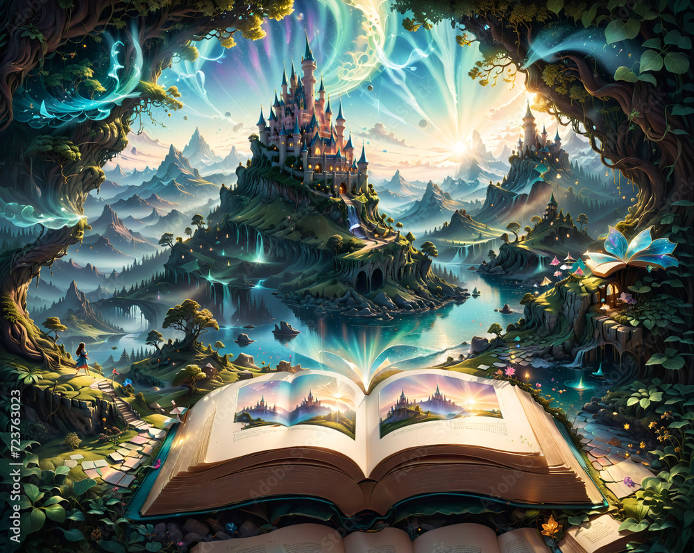 Poster an open book in the foreground, against the backdrop of unexplored magical worlds, castles and plane