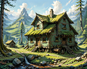 Obraz premium damned old house abandoned and overgrown with green moss . Generated AI