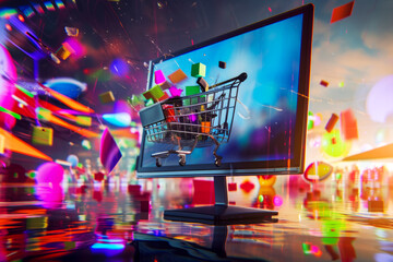 A cart with goods purchased on sale on Cyber Monday flies out of the screen of a large monitor, sales advertising concept - obrazy, fototapety, plakaty