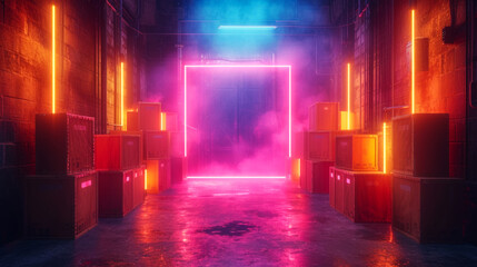 Cyber Monday concept, goods delivery boxes in front of neon purple portal, sale advertising banner