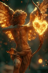 Estatua de cupido, lanzando una flecha con un corazón en llamas a través de su arco. Imagen de medio cuerpo, torso desnudó, túnica, de medio lado, fondo oscuro. Las alas están encendidas, iluminadas - obrazy, fototapety, plakaty