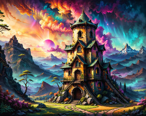 tall house tower in the middle of a mystical fantasy landscape . Generated AI