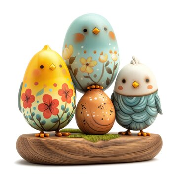 Festividad de Pascua, huevos pintados a mano. Familia, gallo, gallina, pollito, huevo, foto de grupo familiar, sobre un soporte de madera. Fondo blanco, Regalo original, decoraci&oacute;n creativa. AI gen