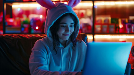 Obraz premium Portrait of young woman in hoodie with bunny ears shopping online while sitting on sofa at home, banner concept for online sales