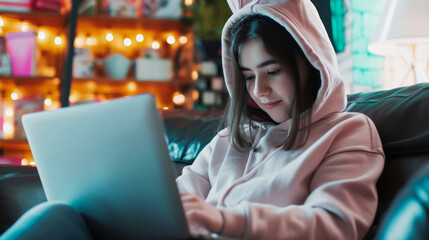 medium shot, portrait of a girl in a pink hoodie with bunny ears on the hood shopping online at an Easter sale