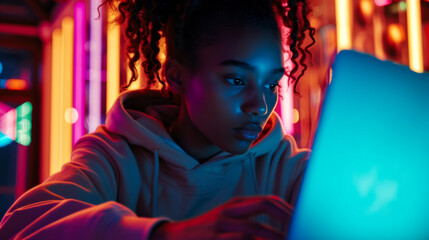 Portrait of a girl studying marketplace offers on Cyber Monday on a laptop monitor, advertising sales, bright neon colors banner