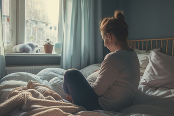 Brown haired young pregnant woman sitting on her bed in front of a window with a melancholic or sad expression - obrazy, fototapety, plakaty