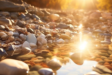 realistics riverbed, adorned with stones that shimmer in caress of water and mirror brilliance of sun, presents a scene that leaves one in awe - obrazy, fototapety, plakaty