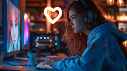 Young beauty woman teenager woman girl works video editing streaming with computer in neon lights technology cyber studio