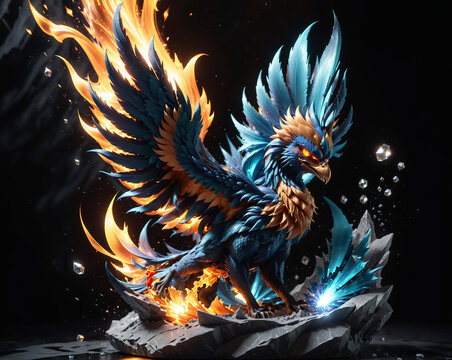 blue phoenix bird consisting of crystals and flames on a dark background . Generated AI