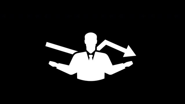 Down graph of the financial crisis graphic animation. Alpha channel. Businessman and arrow moving down on transparent background motion design. 4K resolution