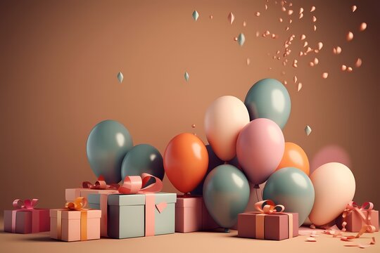 Colorful Balloons and a lot of present Birthday on Black Backdrop