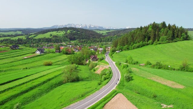 Aerial view of the Polish countryside with the Tatra Mountains in Poland