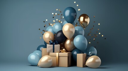 Turquoise  and Gold Balloons and a lot of present Luxury Birthday Backdrop