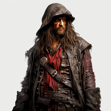 Portrait of a pirate captain with a hat on a white background