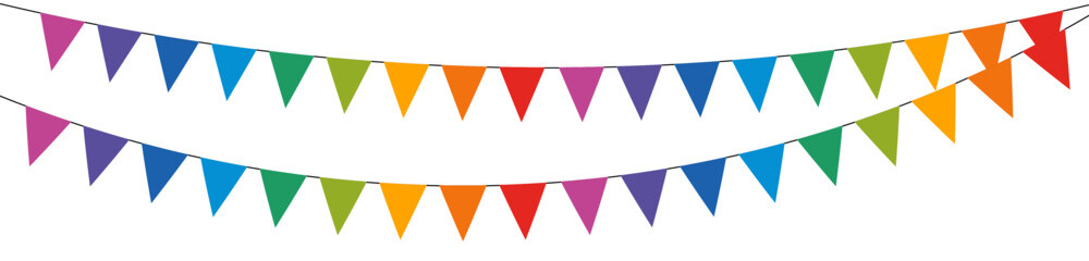 Carnival garland, Bunting flags banner, birthday party decoration isolated on transparent background. Vector illustration. - obrazy, fototapety, plakaty