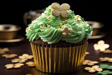tasty green decorated cupcake on st patricks day