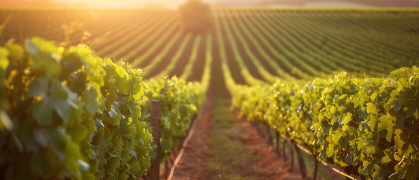 Glowing Sunset Over Vineyard Rows: The Warmth of Golden Hour in Wine Country
