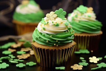 tasty green decorated cupcake on st patricks day