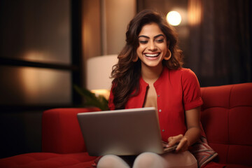 A young smiling woman of Indian ethnicity sitting on a sofa and using laptop