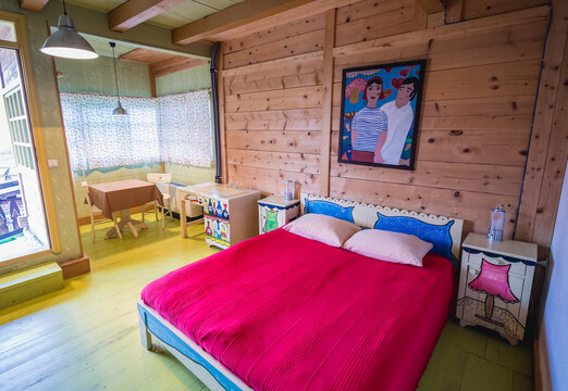 Kustendorf, Serbia - August 28, 2015: Room in guest house in Kustendorf village, also called Drvengrad built by Emir Kusturica