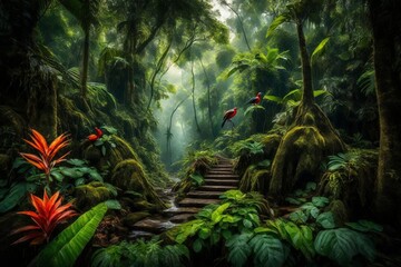 Tropical rainforests alive with the melody of chirping birds . - obrazy, fototapety, plakaty
