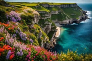 Lush coastal cliffs adorned with wildflowers.