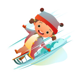 girl rides a sled. Child in winter clothes. Fun frost. Winter clothes. Object isolated on white background. Cartoon fun style Illustration vector