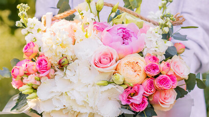 Summer blooming delicate roses on blooming blooming flowers holiday background, pastel and soft bouquet floral card. Copy space. Wedding bouquet