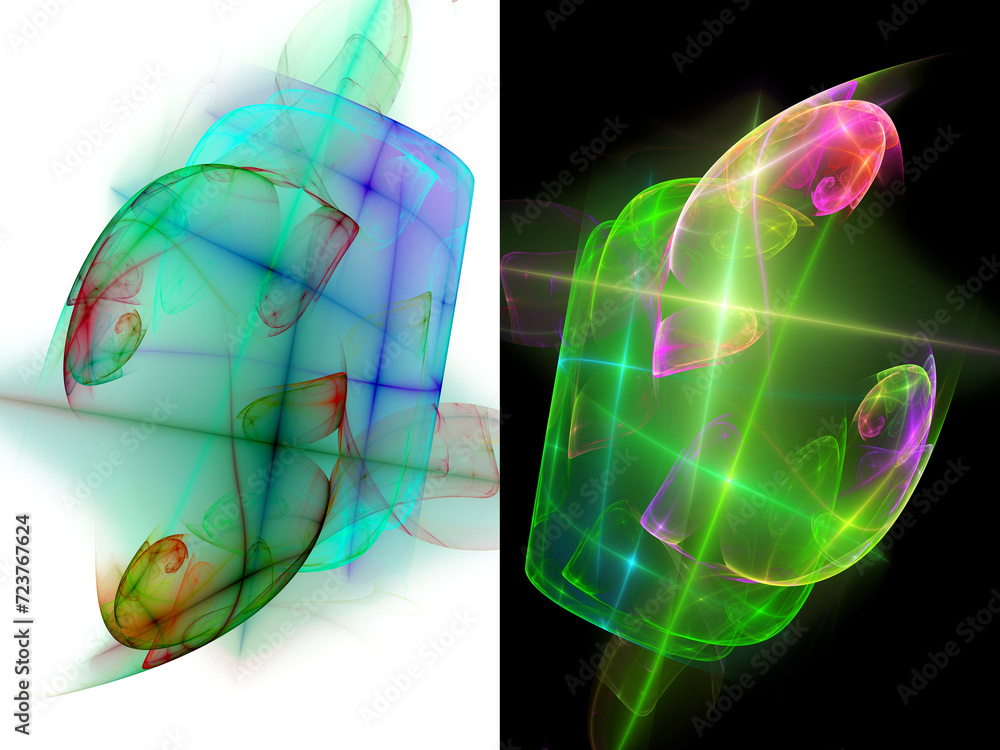 Fototapete blurred objects with glowing rays and spirals on white and black backgrounds. set of abstract fracta