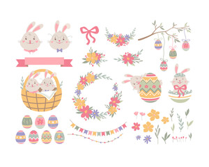 Happy Easter vector set. Cute bunnies, eggs, flowers, and garland. Cartoon spring illustration.