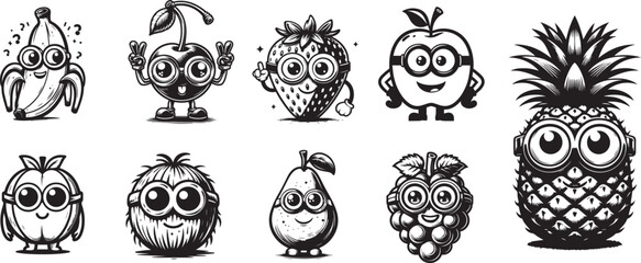 funny cute fruits set, black and white apple strawberry grape, chery,  banana, coconut, pear, vector graphics